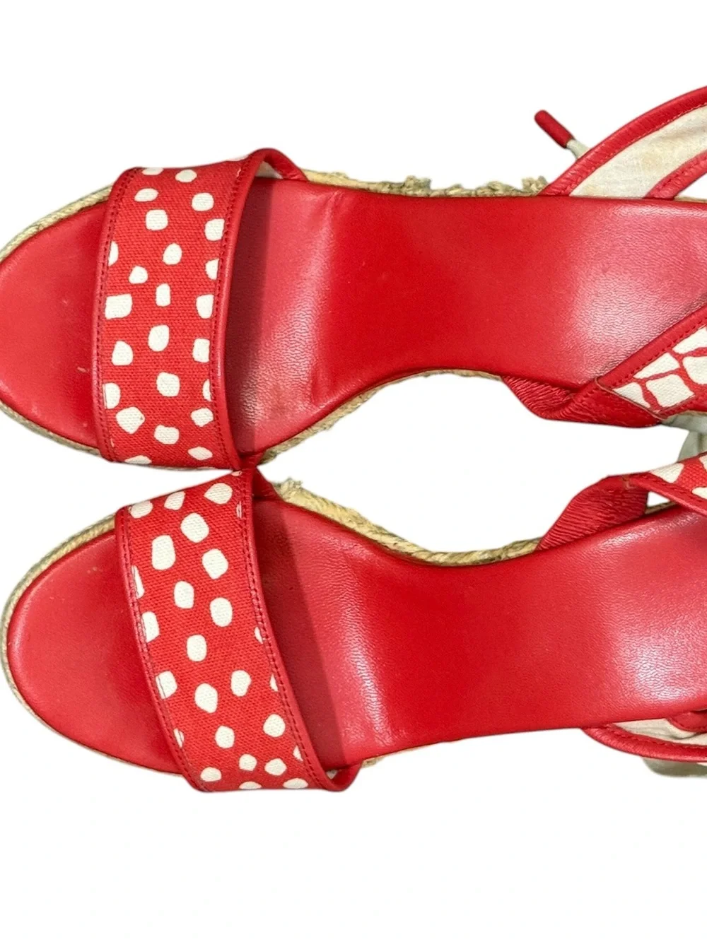 Diane von Furstenberg red canvas polka dot espadrille wedge Sandals